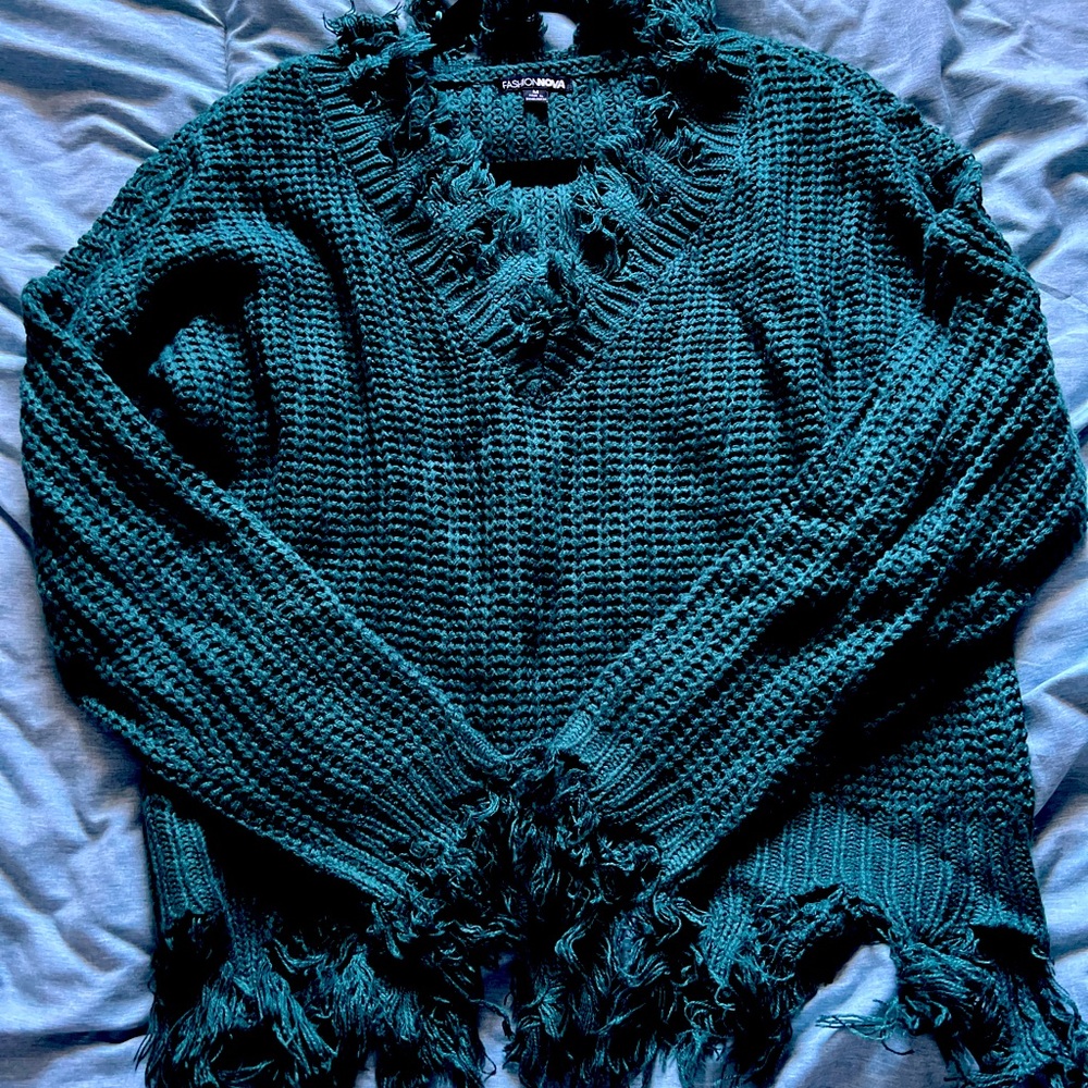 Distressed hunter-green knitted sweater